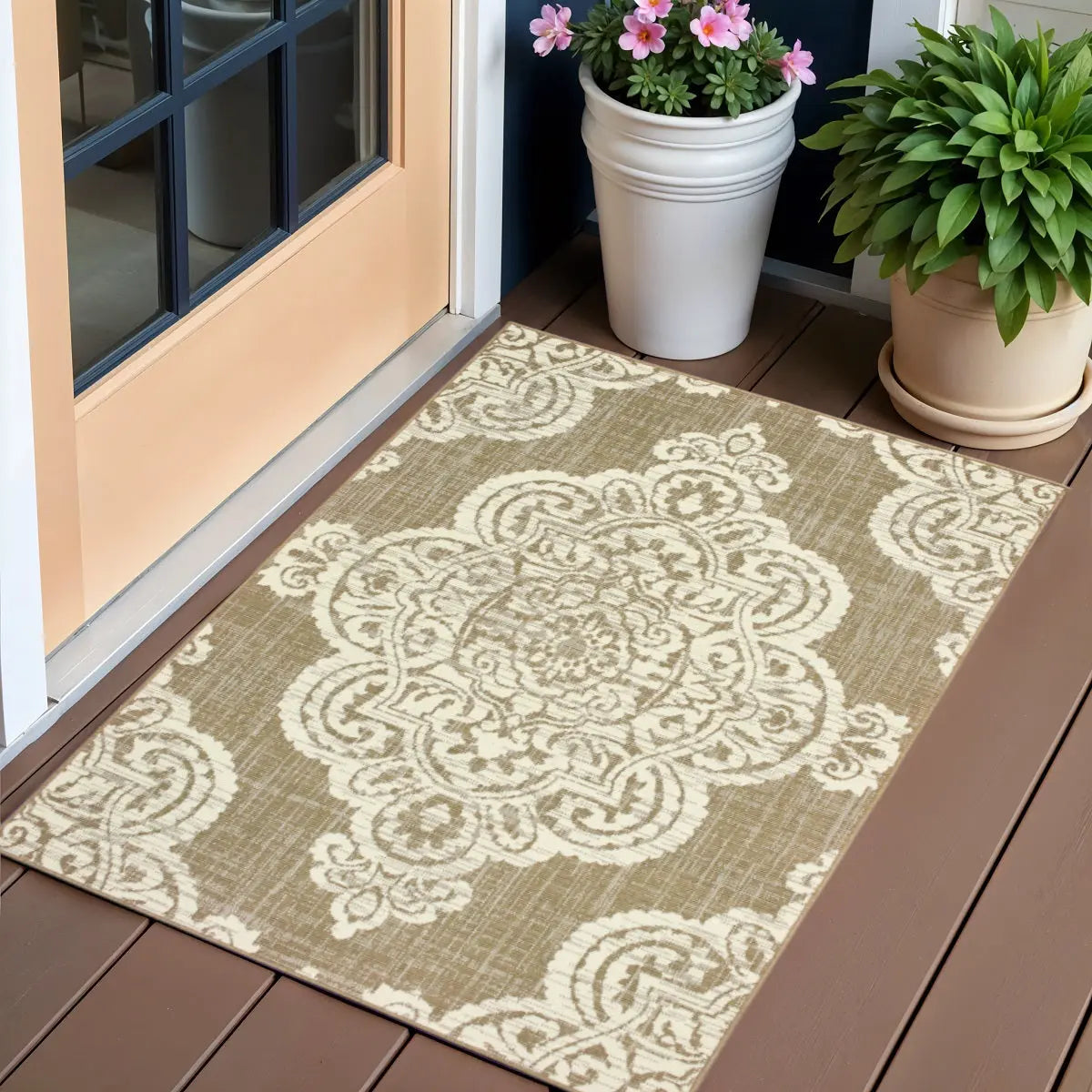 2' X 4' Tan Oriental Stain Resistant Indoor Outdoor Area Rug Homeroots Outdoor