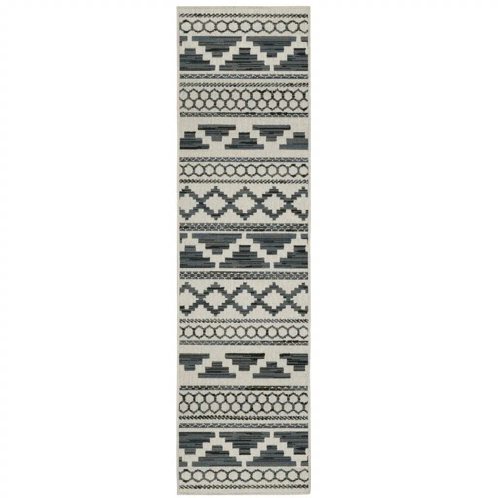 2' X 7' Blue and Beige Geometric Stain Resistant Indoor Outdoor Area Rug Homeroots Outdoor