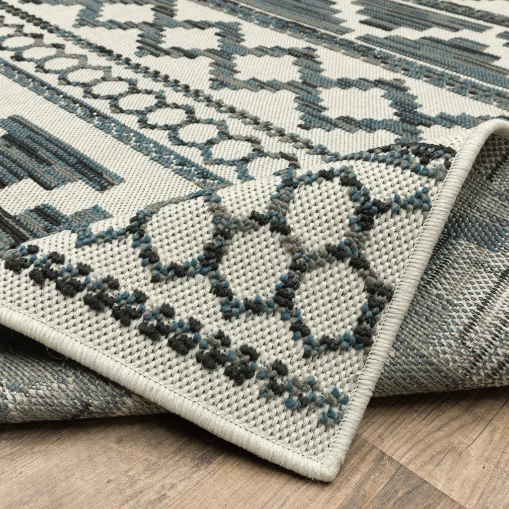 2' X 7' Blue and Beige Geometric Stain Resistant Indoor Outdoor Area Rug Homeroots Outdoor