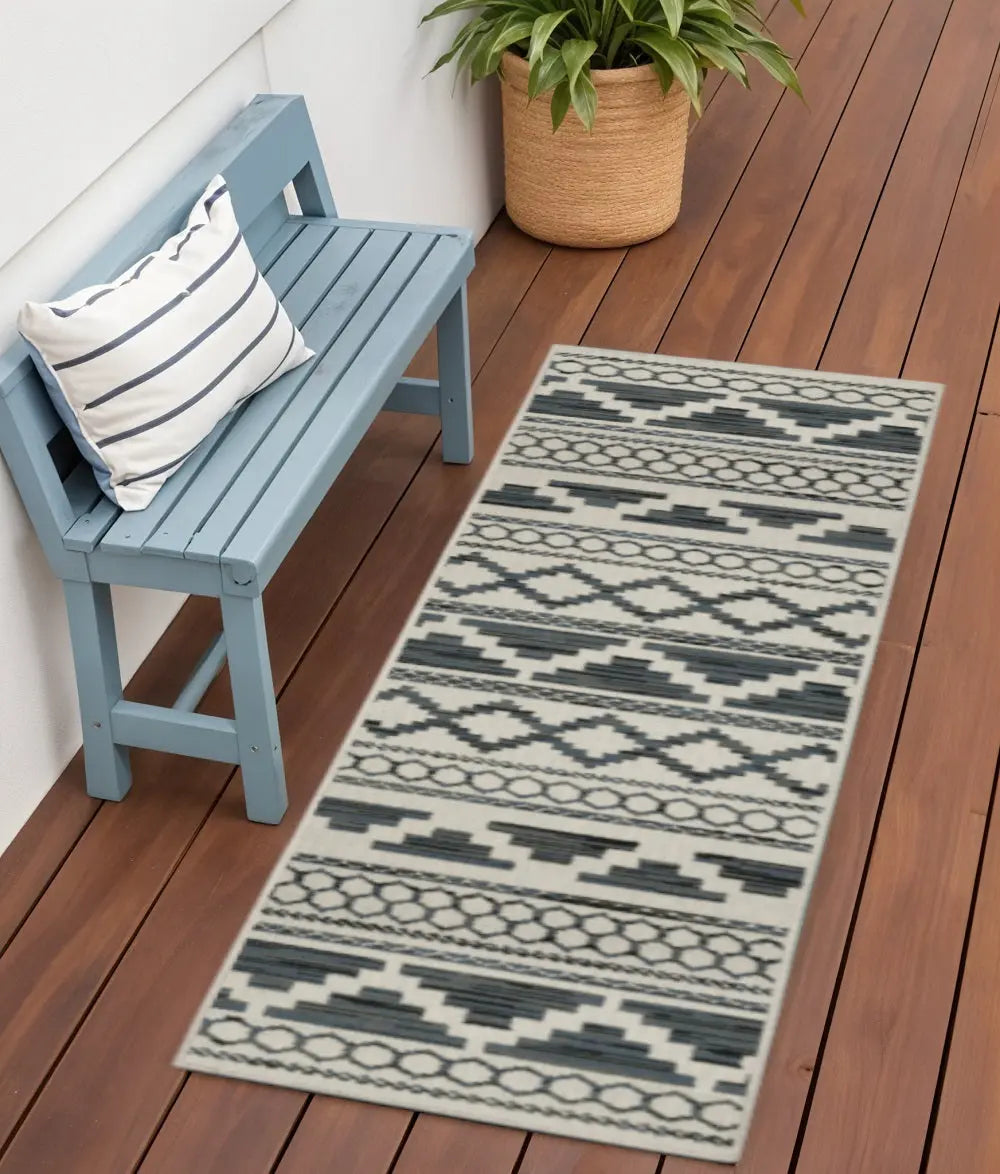 2' X 7' Blue and Beige Geometric Stain Resistant Indoor Outdoor Area Rug Homeroots Outdoor