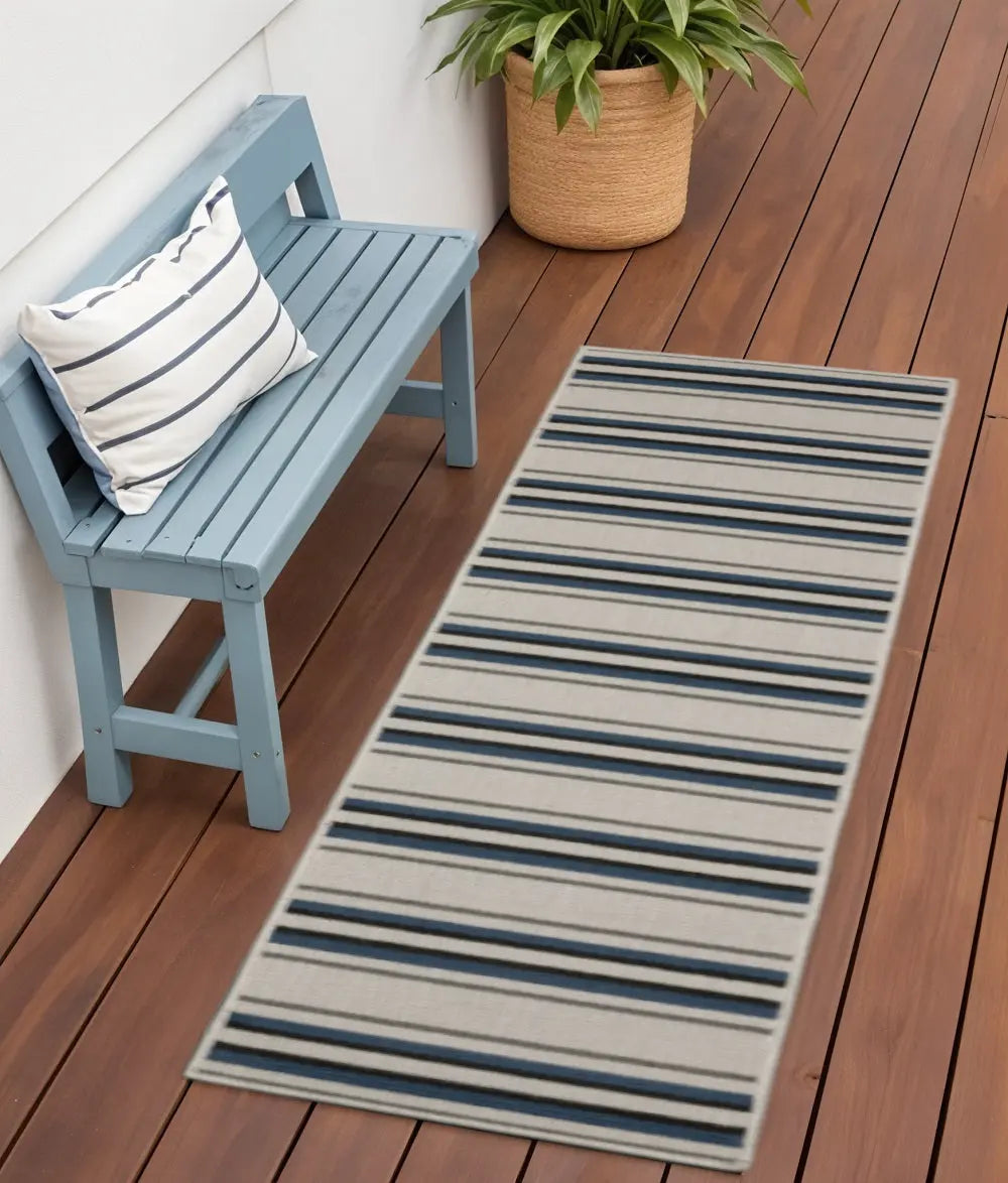 2' X 7' Blue and Beige Geometric Stain Resistant Indoor Outdoor Area Rug Homeroots Outdoor