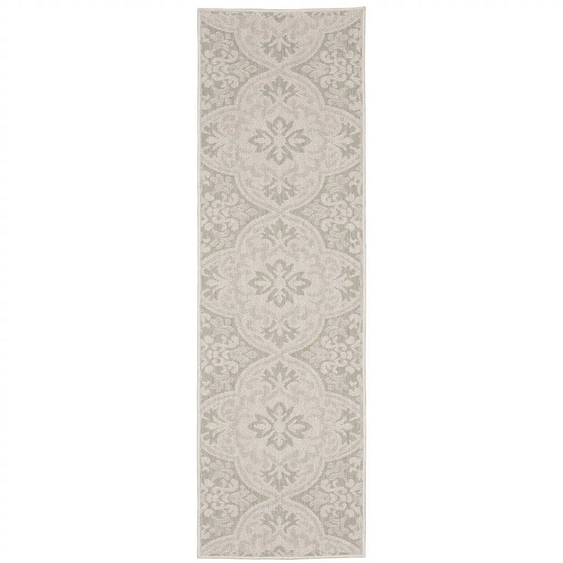 2' X 7' Gray and Ivory Floral Stain Resistant Indoor Outdoor Area Rug Homeroots Outdoor