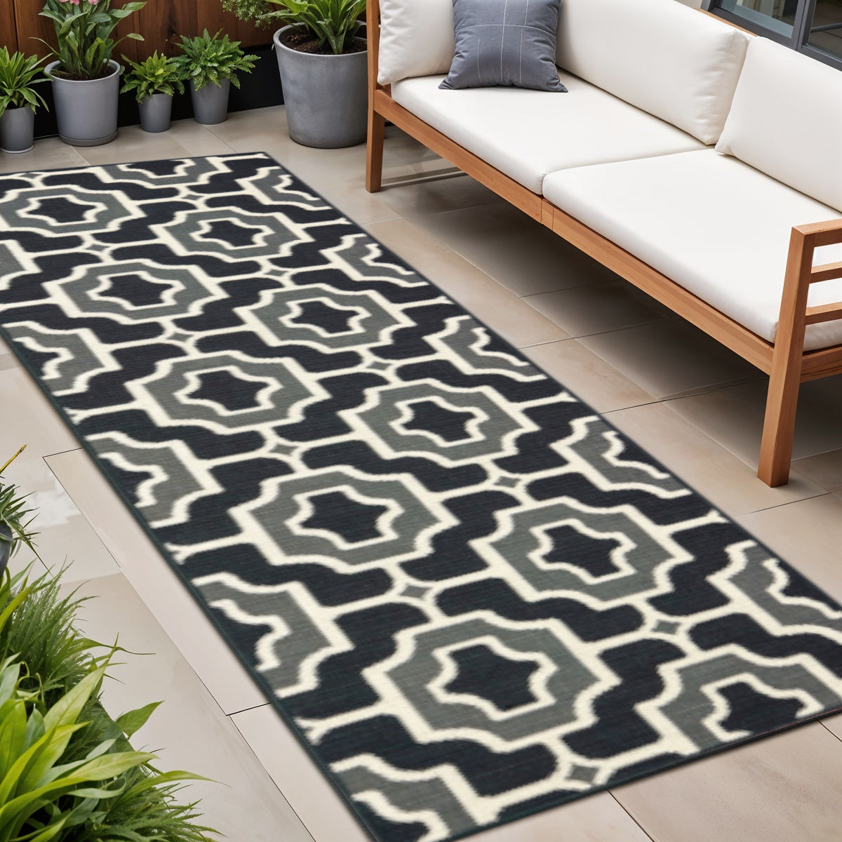 2' X 8' Black and Gray Geometric Stain Resistant Indoor Outdoor Area Rug Homeroots Outdoor