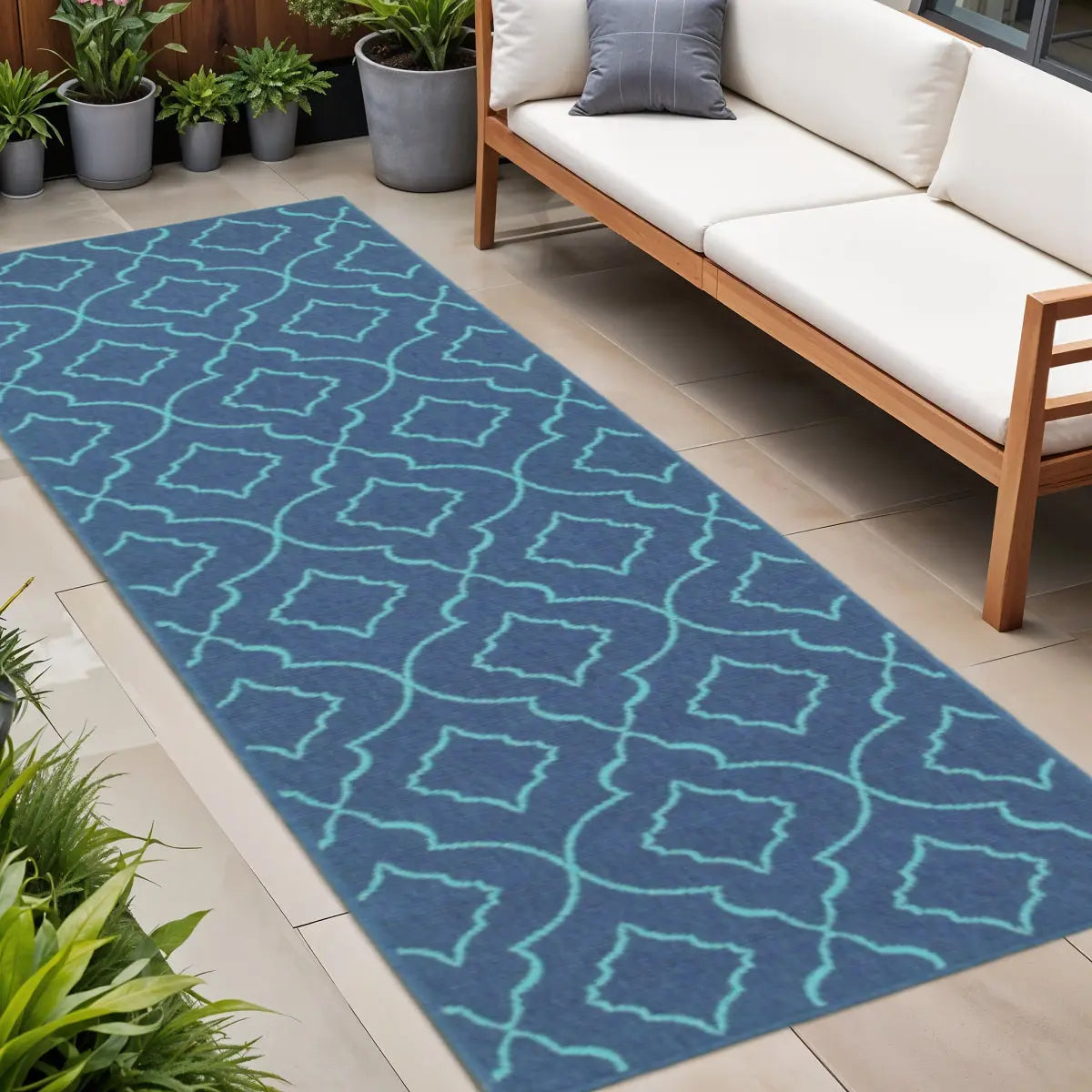 2' X 8' Blue Geometric Stain Resistant Indoor Outdoor Area Rug Homeroots Outdoor