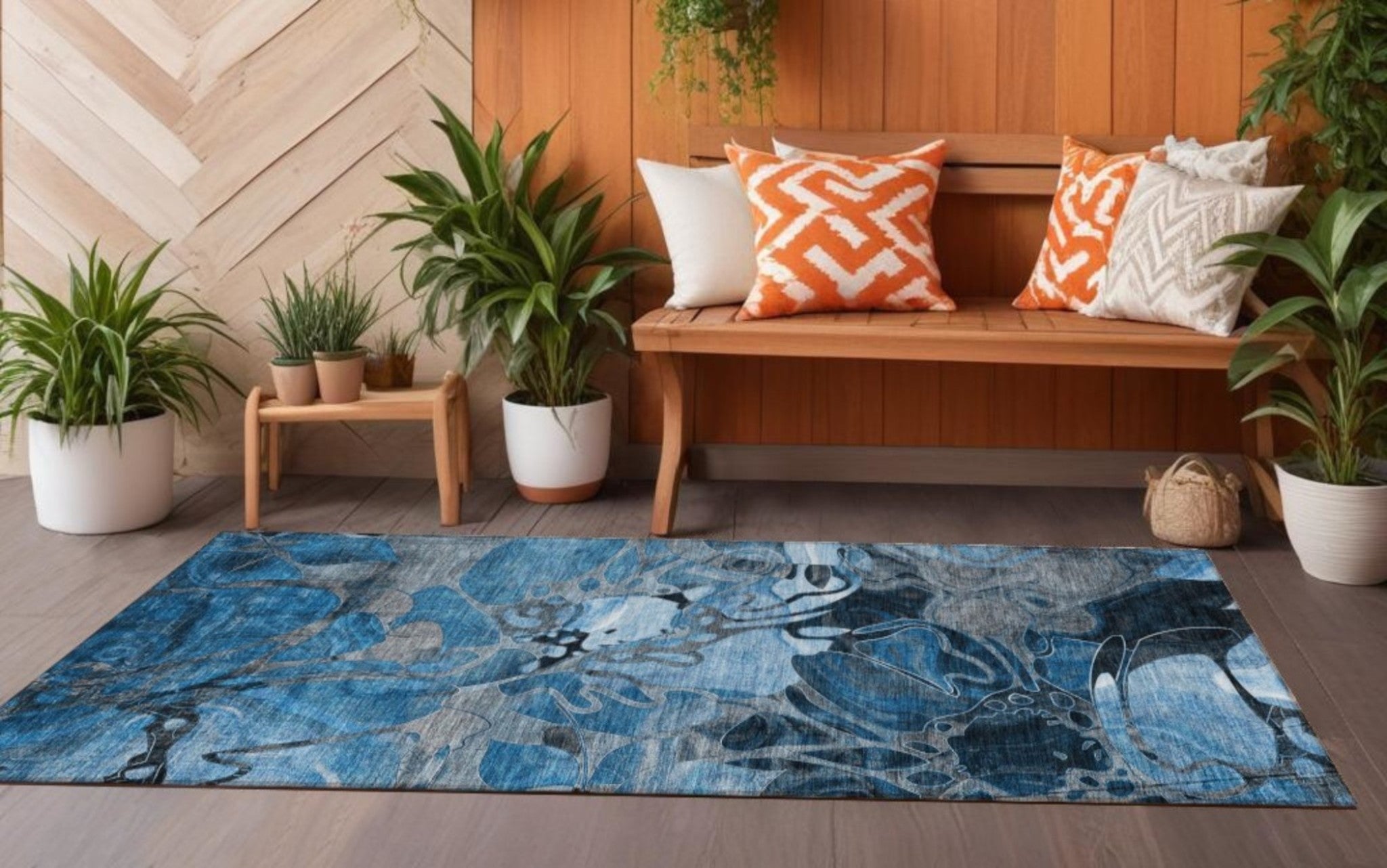 2' X 8' Blue and Gray Abstract Washable Indoor Outdoor Runner Rug - GreatEagleInc
