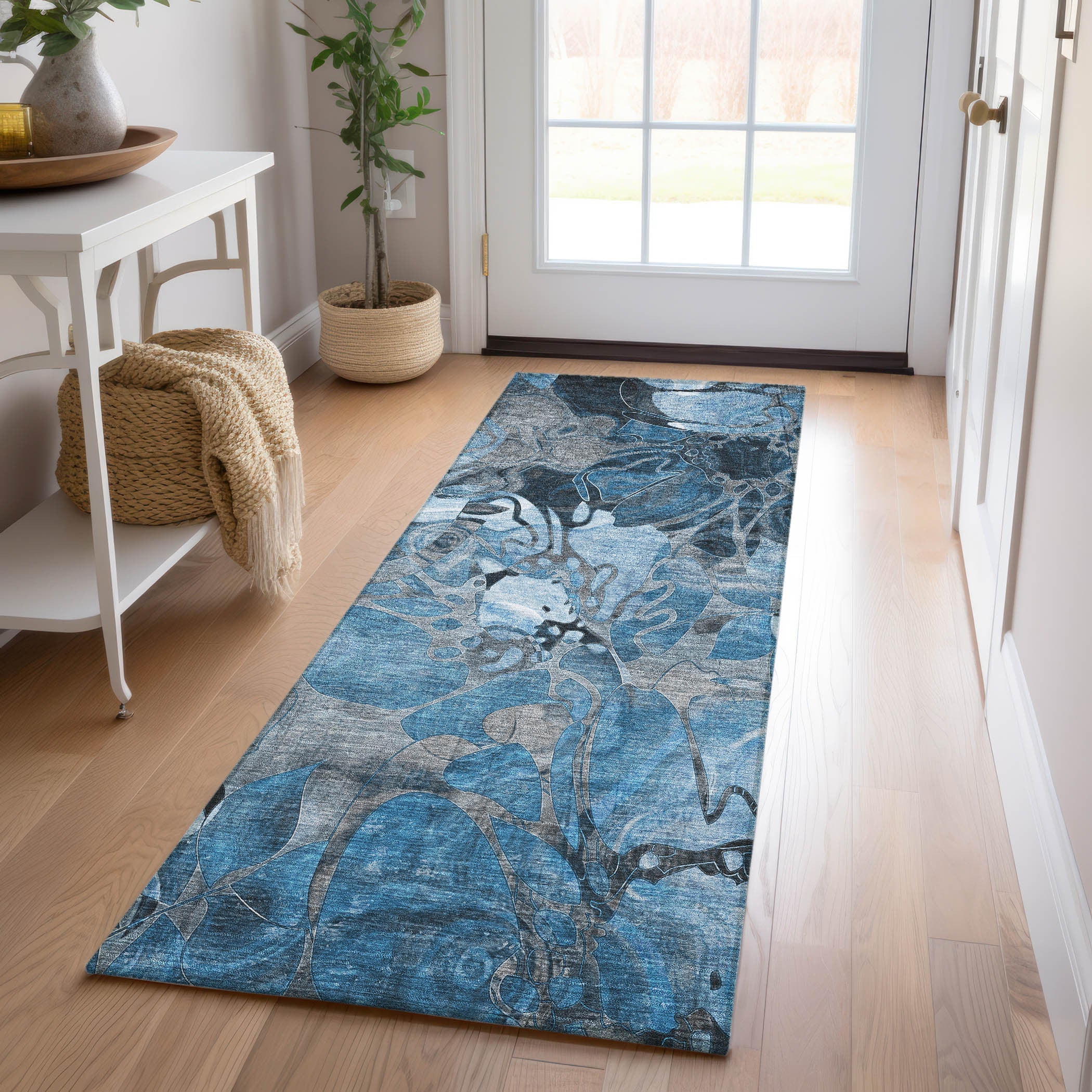 2' X 8' Blue and Gray Abstract Washable Indoor Outdoor Runner Rug - GreatEagleInc