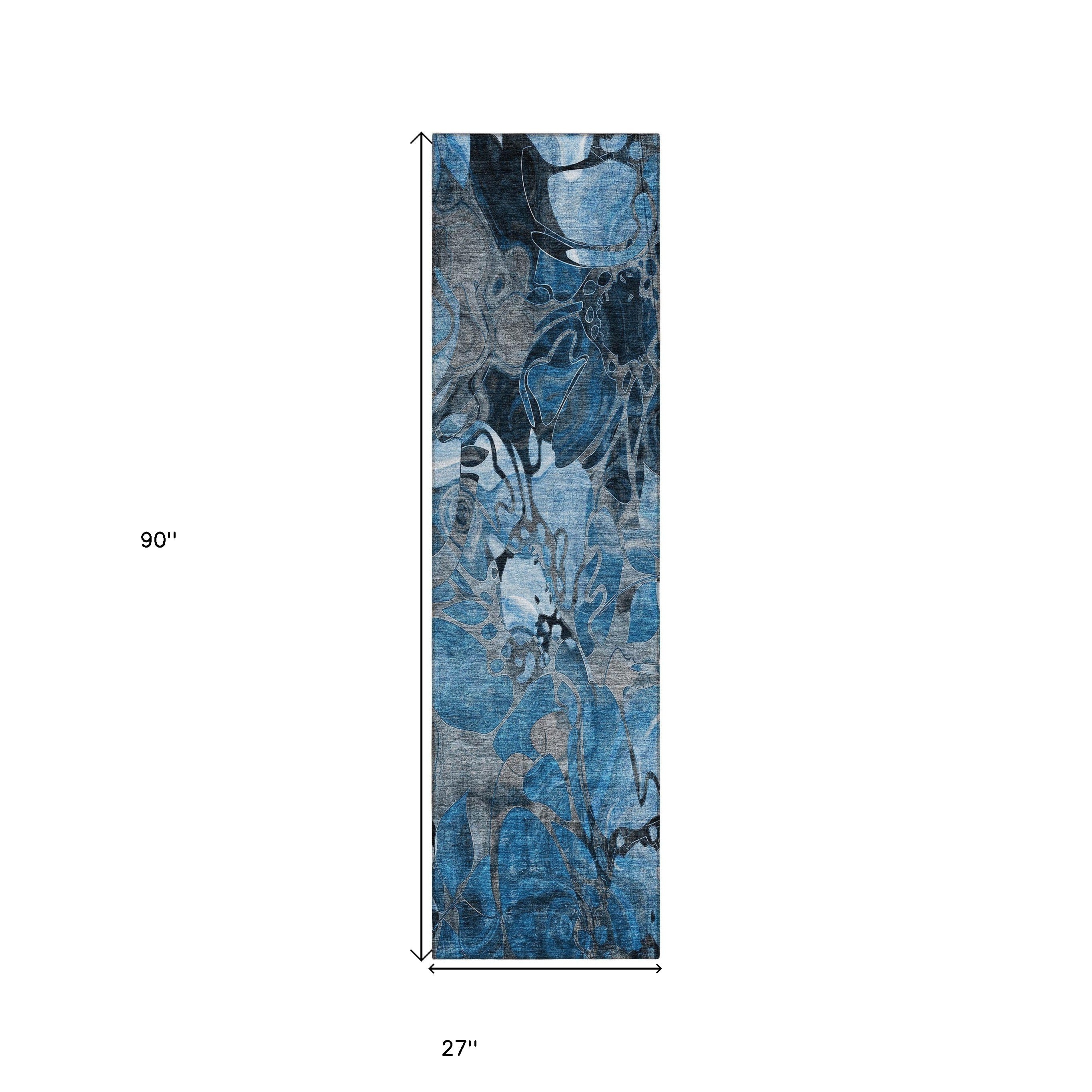 2' X 8' Blue and Gray Abstract Washable Indoor Outdoor Runner Rug - GreatEagleInc