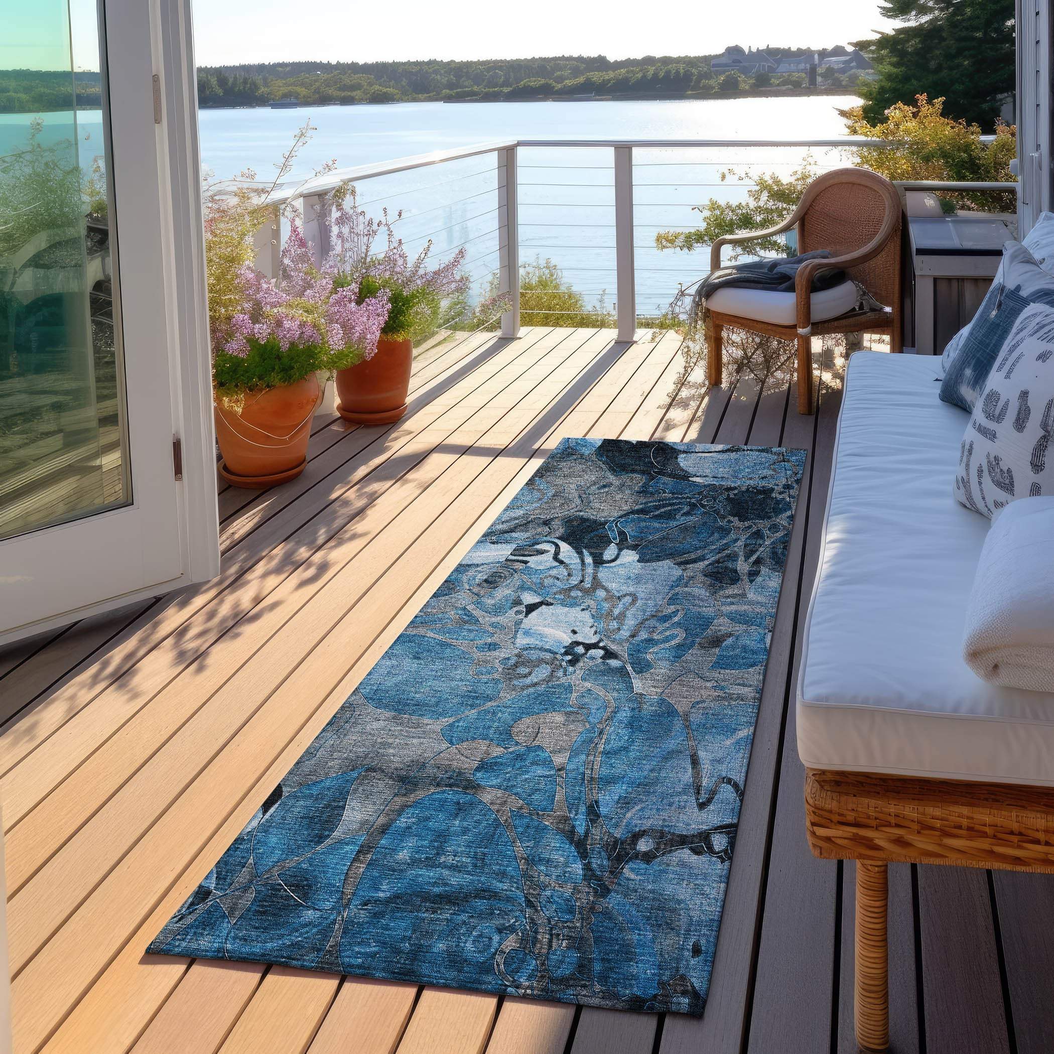 2' X 8' Blue and Gray Abstract Washable Indoor Outdoor Runner Rug - GreatEagleInc