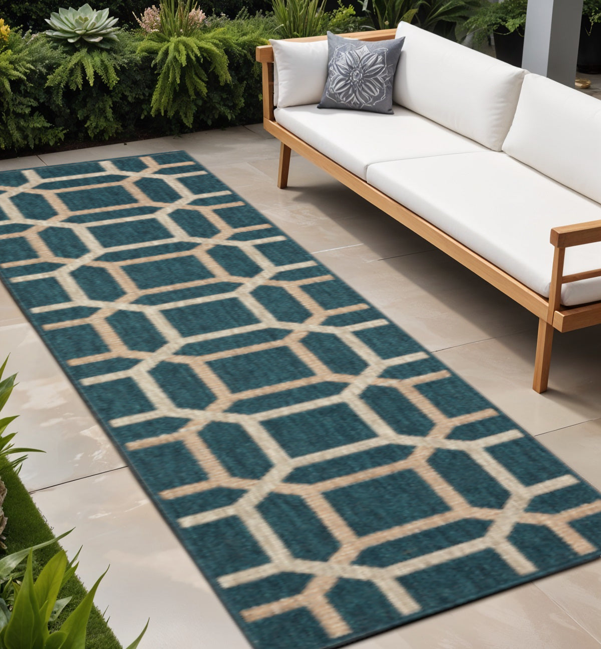 2' X 8' Blue and Gray Geometric Stain Resistant Indoor Outdoor Area Rug Homeroots Outdoor