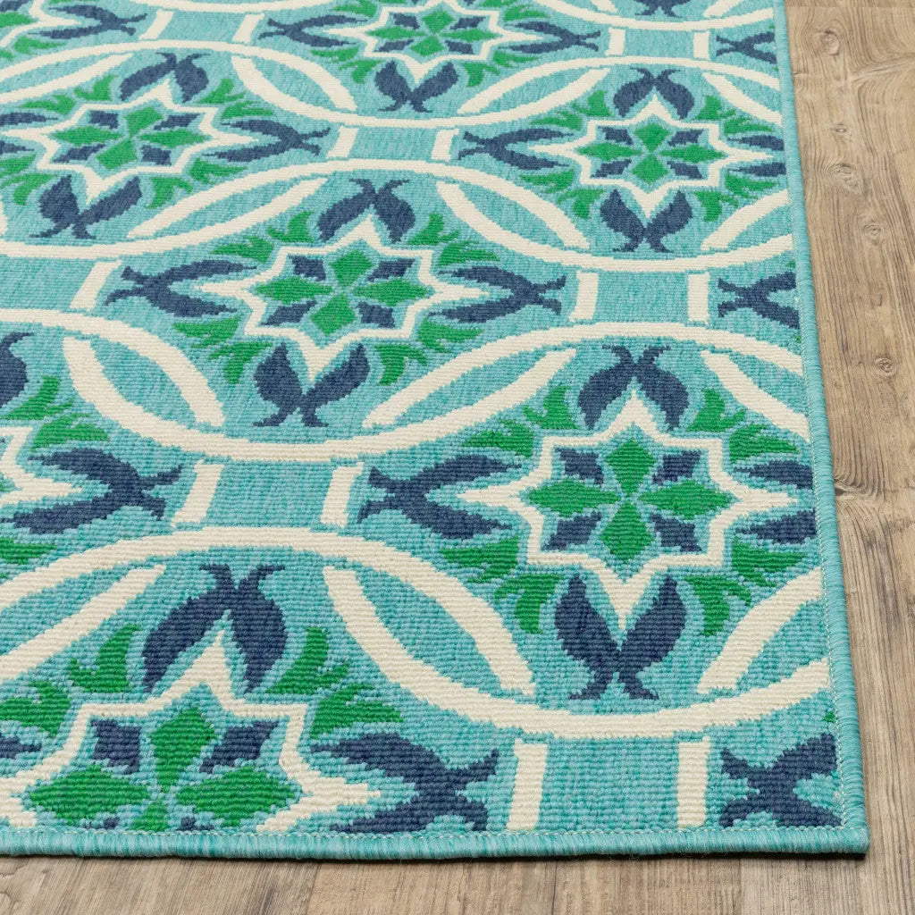 2' X 8' Blue and Green Geometric Stain Resistant Indoor Outdoor Area Rug Homeroots Outdoor