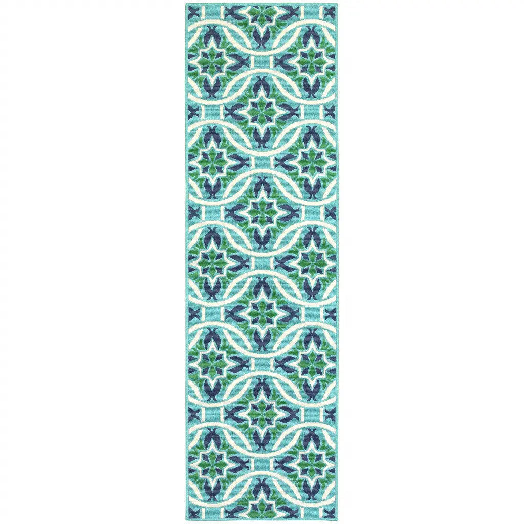 2' X 8' Blue and Green Geometric Stain Resistant Indoor Outdoor Area Rug Homeroots Outdoor