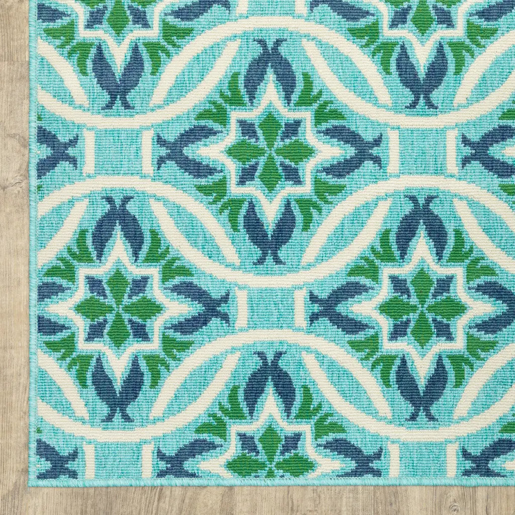 2' X 8' Blue and Green Geometric Stain Resistant Indoor Outdoor Area Rug Homeroots Outdoor