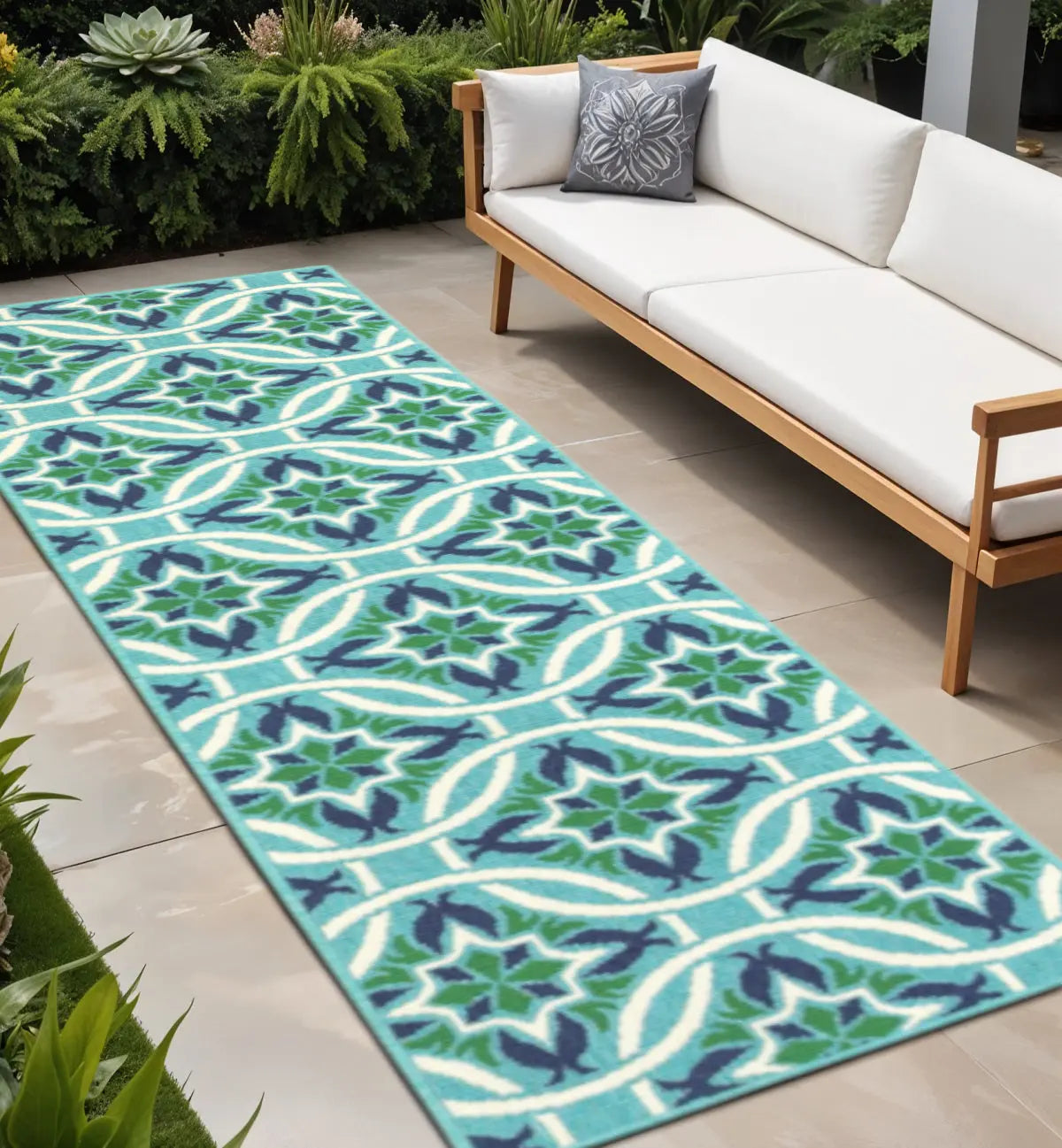 2' X 8' Blue and Green Geometric Stain Resistant Indoor Outdoor Area Rug Homeroots Outdoor