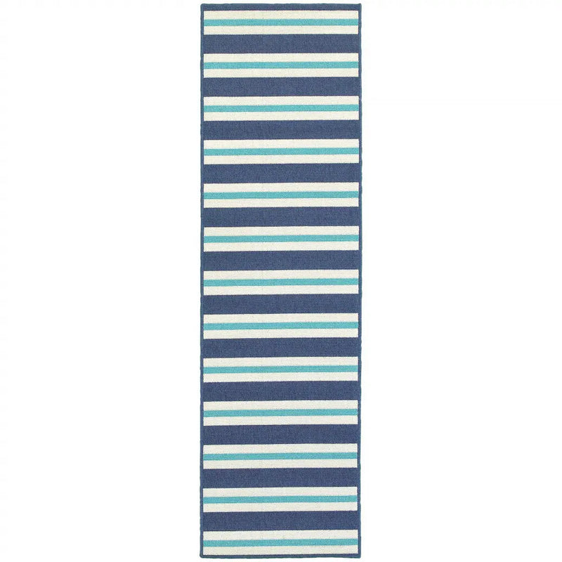 2' X 8' Blue and Ivory Geometric Stain Resistant Indoor Outdoor Area Rug Homeroots Outdoor