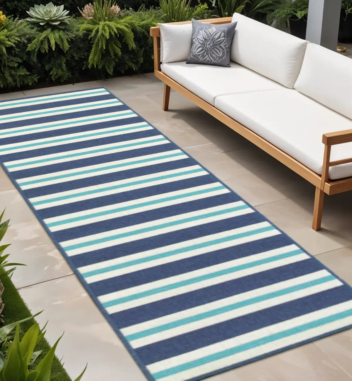 2' X 8' Blue and Ivory Geometric Stain Resistant Indoor Outdoor Area Rug Homeroots Outdoor