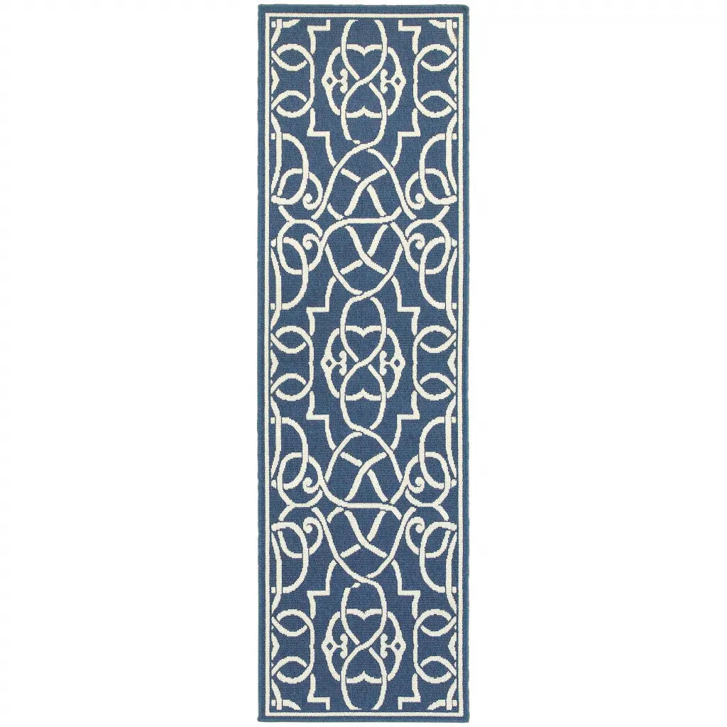 2' X 8' Blue and Ivory Geometric Stain Resistant Indoor Outdoor Area Rug Homeroots Outdoor