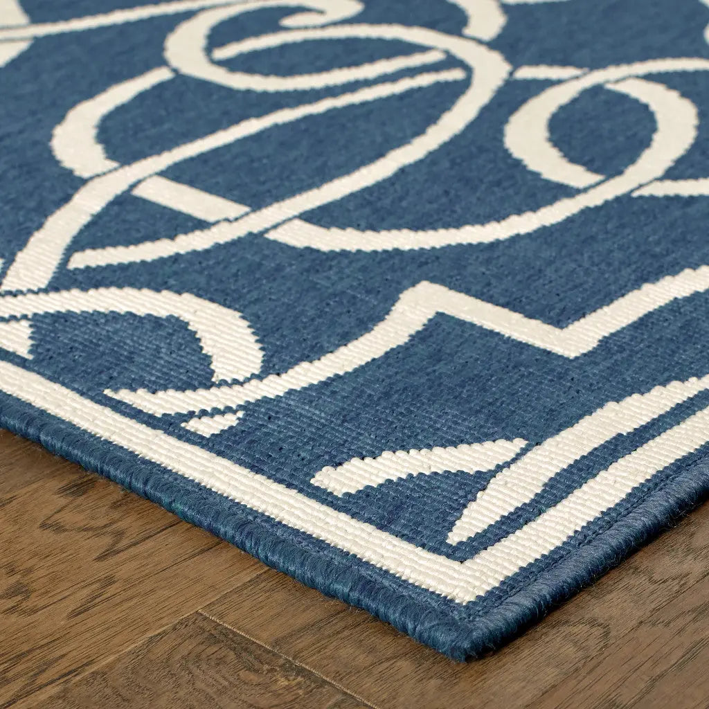 2' X 8' Blue and Ivory Geometric Stain Resistant Indoor Outdoor Area Rug Homeroots Outdoor