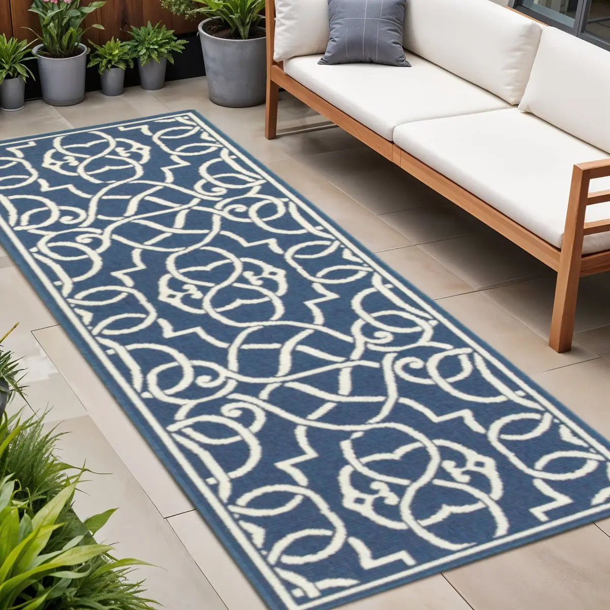 2' X 8' Blue and Ivory Geometric Stain Resistant Indoor Outdoor Area Rug Homeroots Outdoor