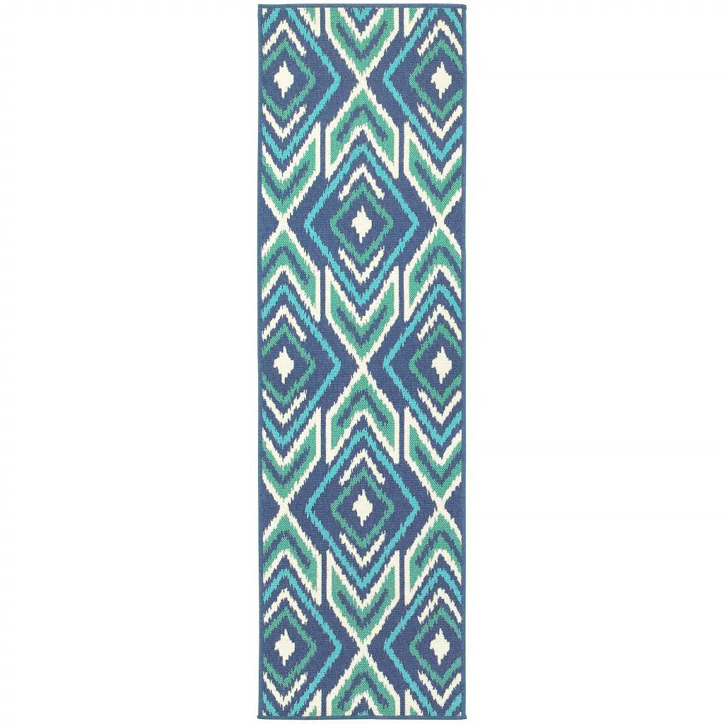 2' X 8' Blue and Ivory Geometric Stain Resistant Indoor Outdoor Area Rug Homeroots Outdoor