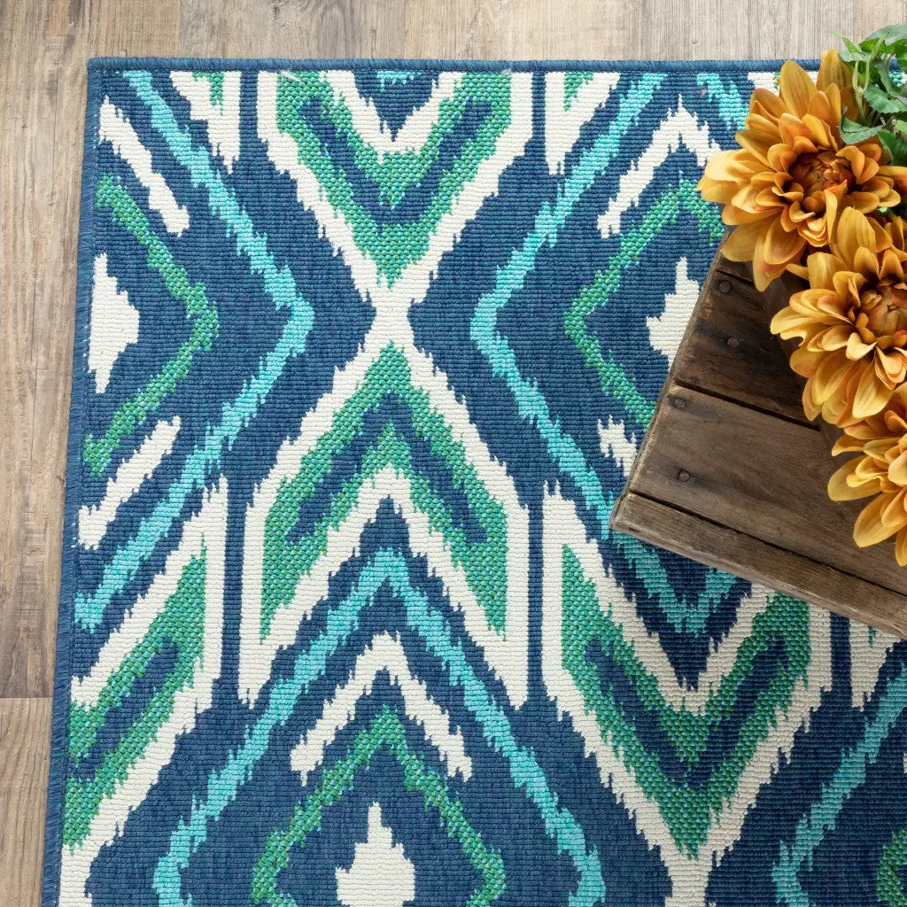 2' X 8' Blue and Ivory Geometric Stain Resistant Indoor Outdoor Area Rug Homeroots Outdoor