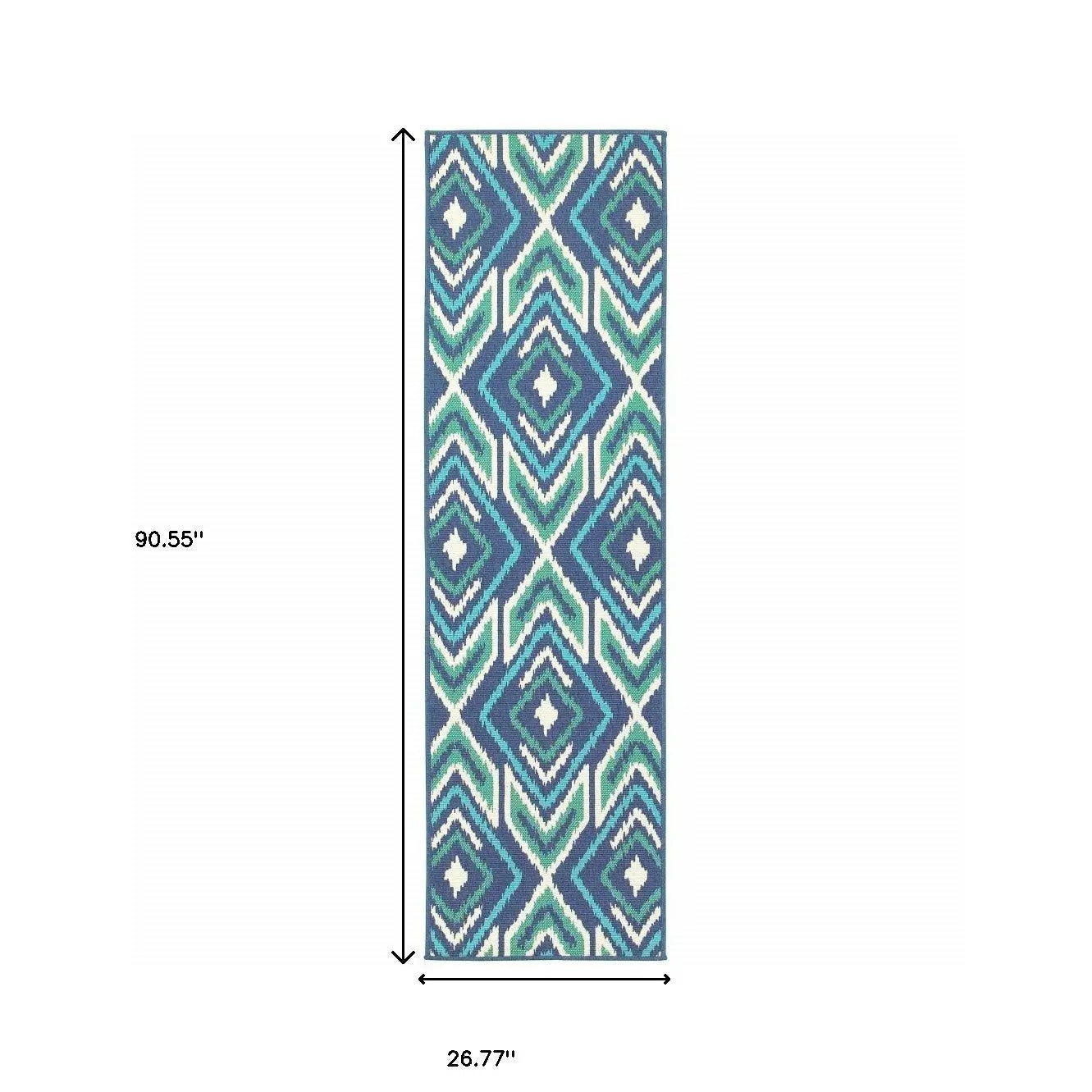 2' X 8' Blue and Ivory Geometric Stain Resistant Indoor Outdoor Area Rug Homeroots Outdoor