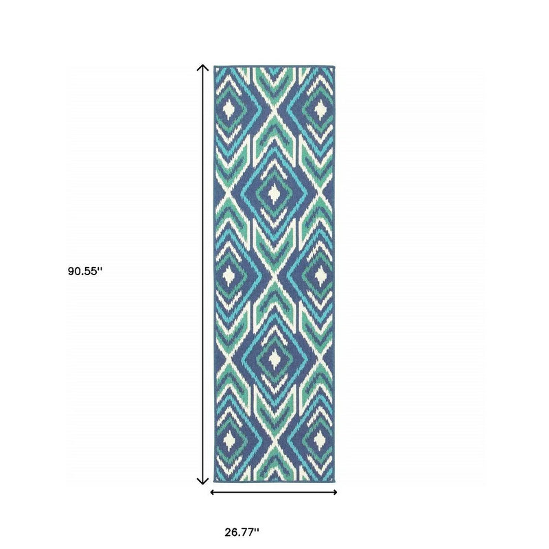 2' X 8' Blue and Ivory Geometric Stain Resistant Indoor Outdoor Area Rug Homeroots Outdoor