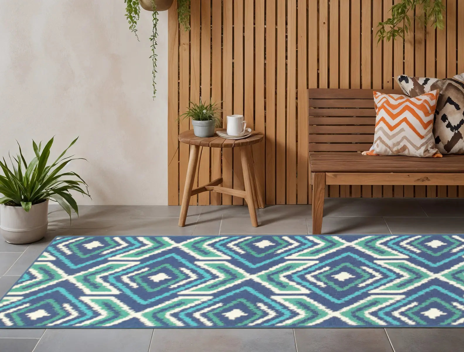 2' X 8' Blue and Ivory Geometric Stain Resistant Indoor Outdoor Area Rug Homeroots Outdoor