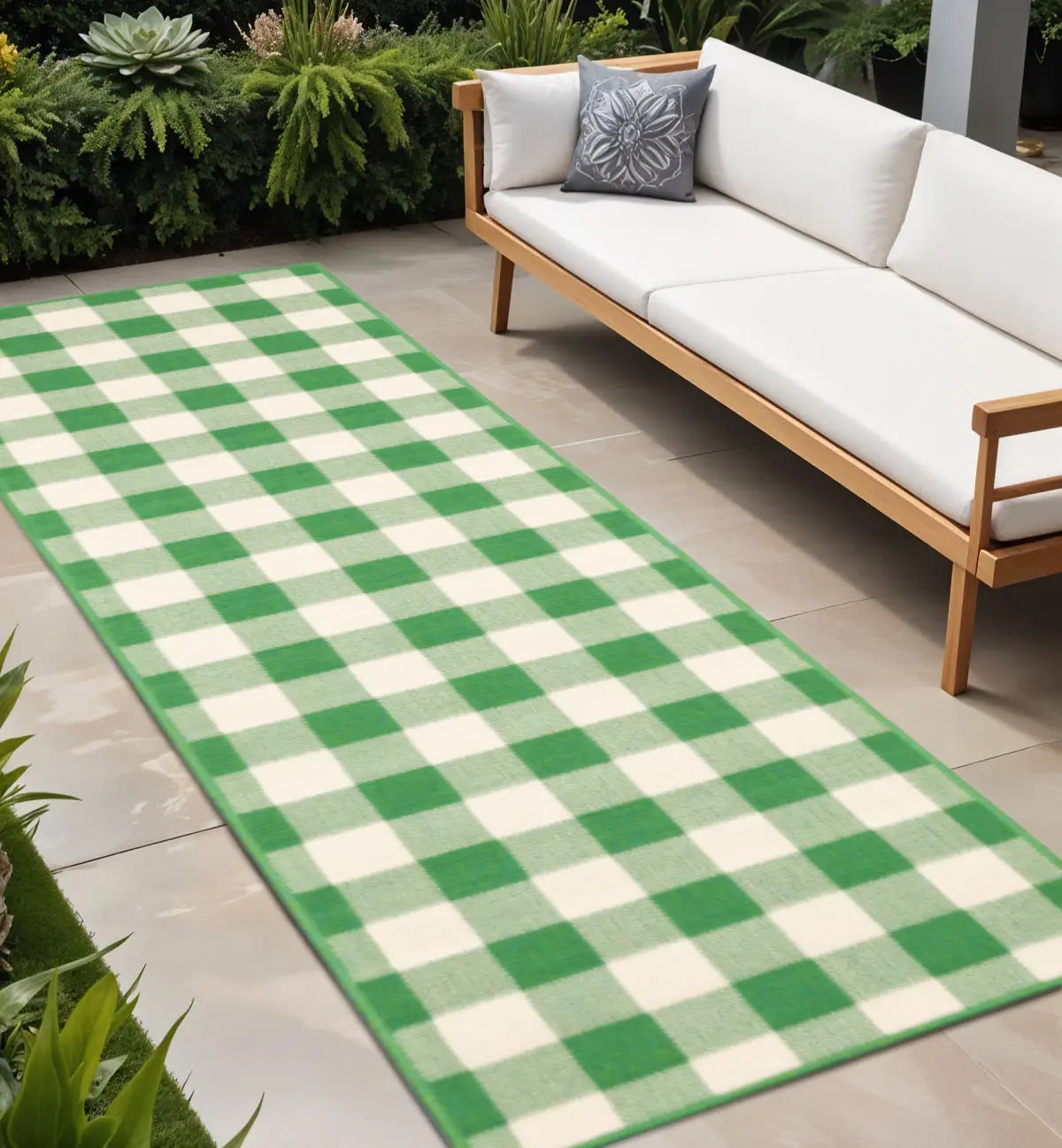 2' X 8' Green and Ivory Geometric Stain Resistant Indoor Outdoor Area Rug Homeroots Outdoor