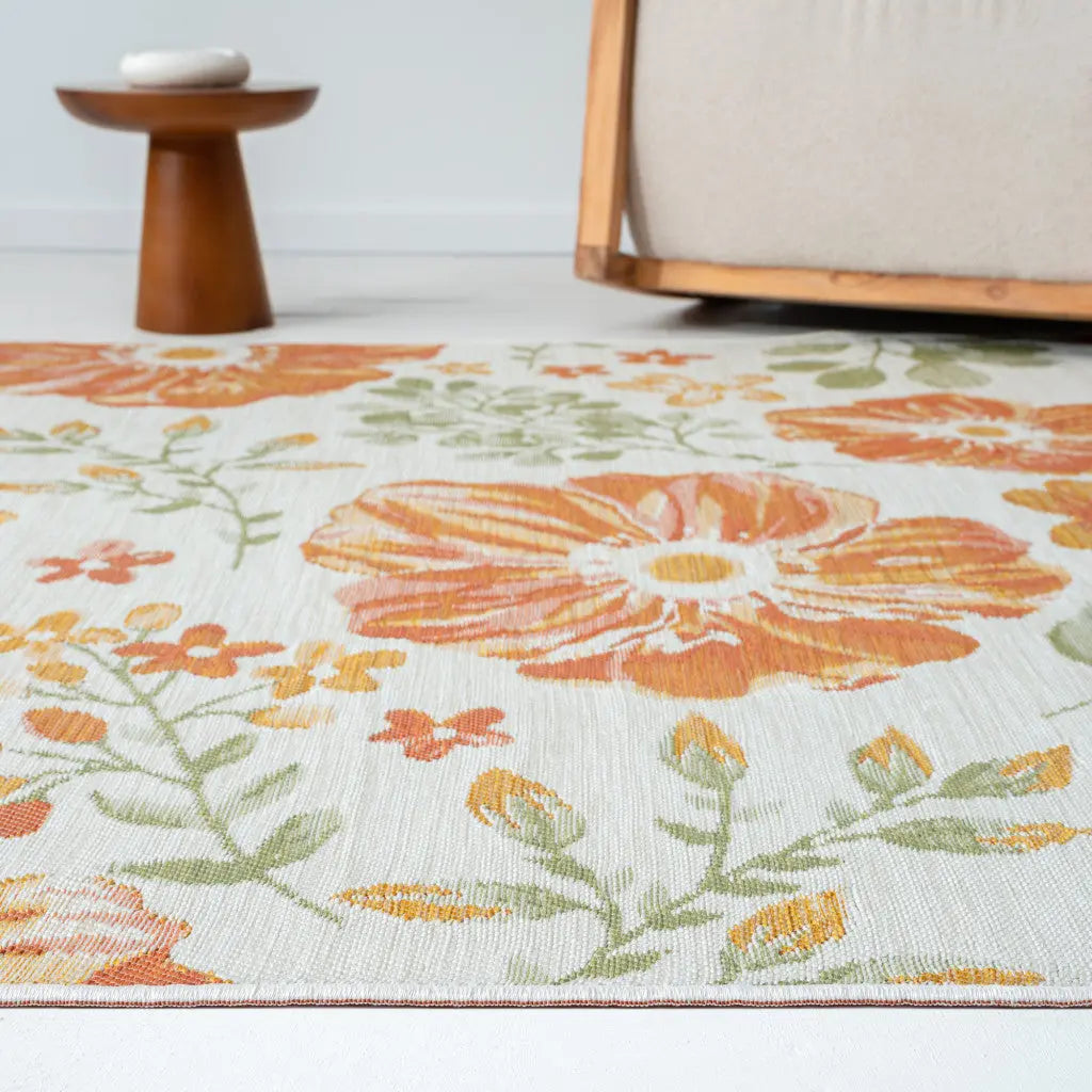2' X 8' Ivory Green and Orange Floral Stain Resistant Indoor Outdoor Runner Rug Homeroots Outdoor