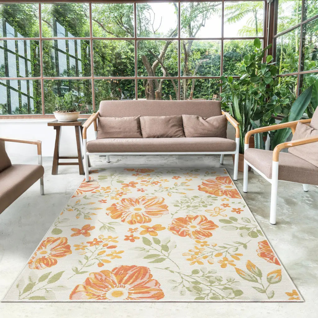 2' X 8' Ivory Green and Orange Floral Stain Resistant Indoor Outdoor Runner Rug Homeroots Outdoor