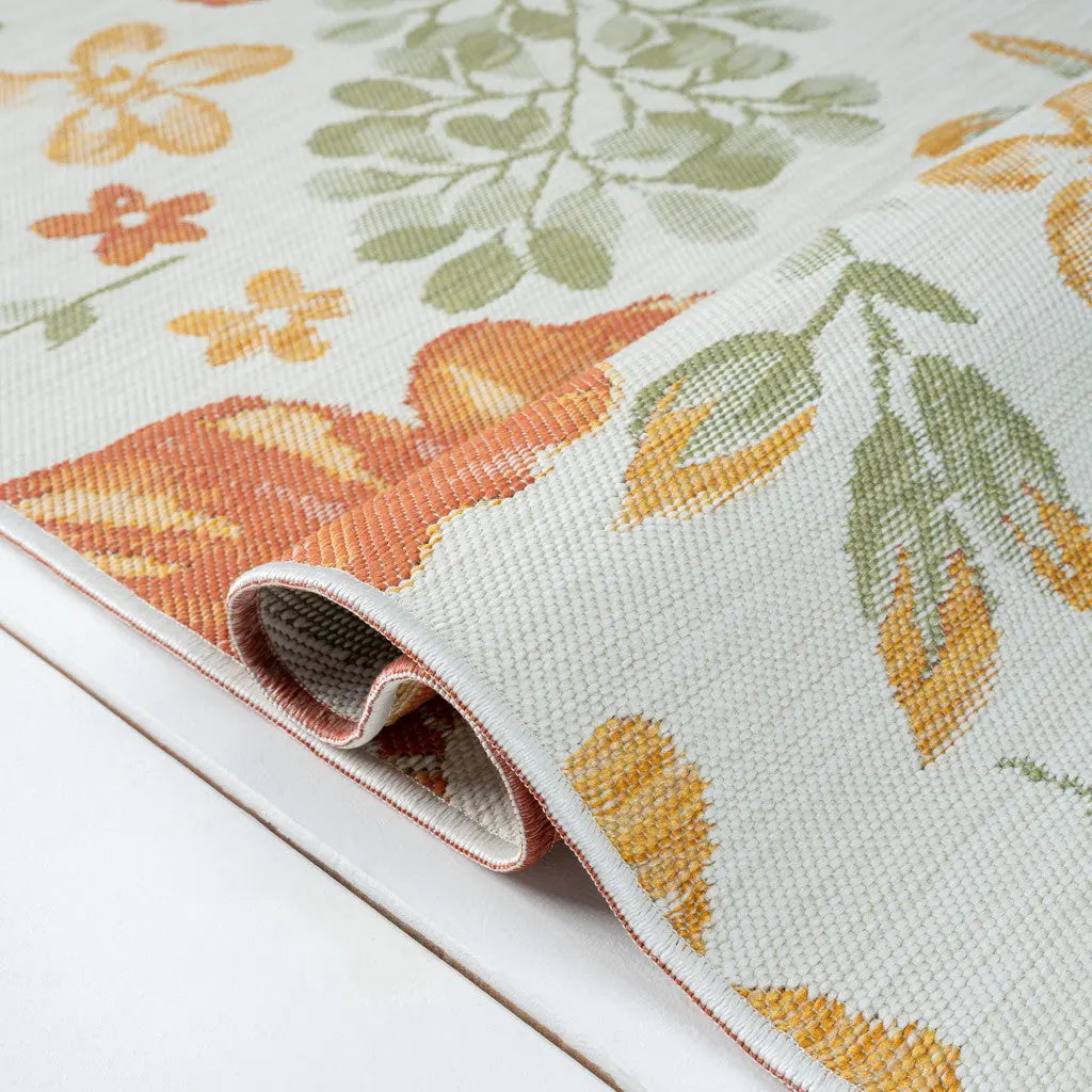 2' X 8' Ivory Green and Orange Floral Stain Resistant Indoor Outdoor Runner Rug Homeroots Outdoor