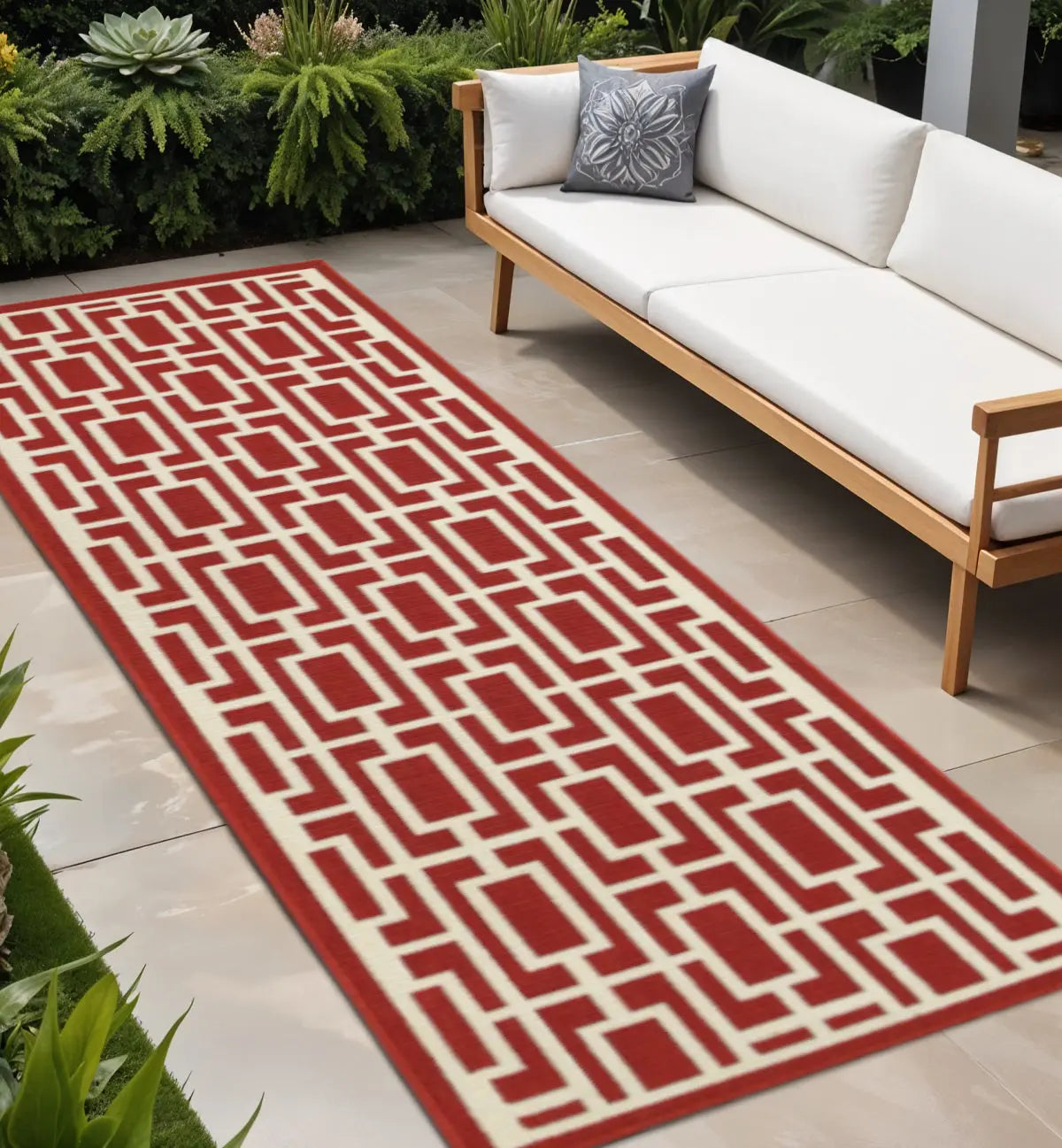 2' X 8' Red and Ivory Geometric Stain Resistant Indoor Outdoor Area Rug Homeroots Outdoor