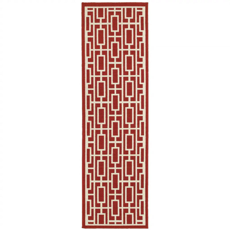 2' X 8' Red and Ivory Geometric Stain Resistant Indoor Outdoor Area Rug Homeroots Outdoor
