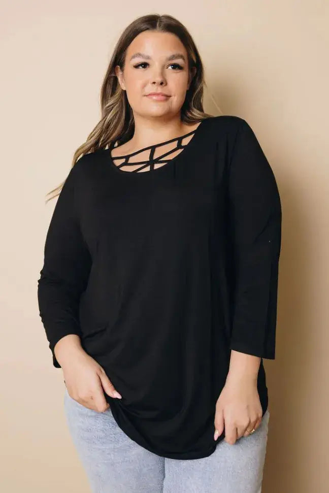3/4 Sleeve Cut out Neckline Plus Size Top Stay Warm in Style