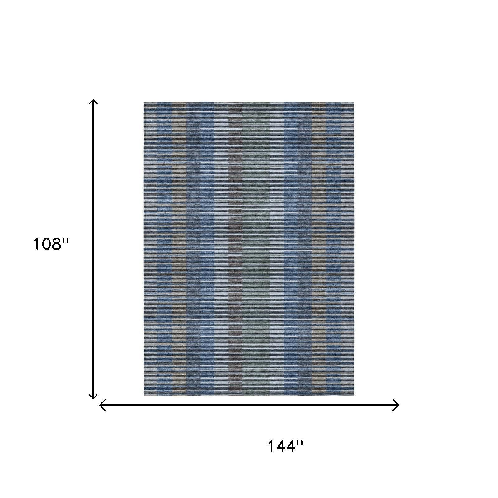 Blue and gray striped area rug, 9x12 ft, woven from durable materials, perfect for modern home decor.