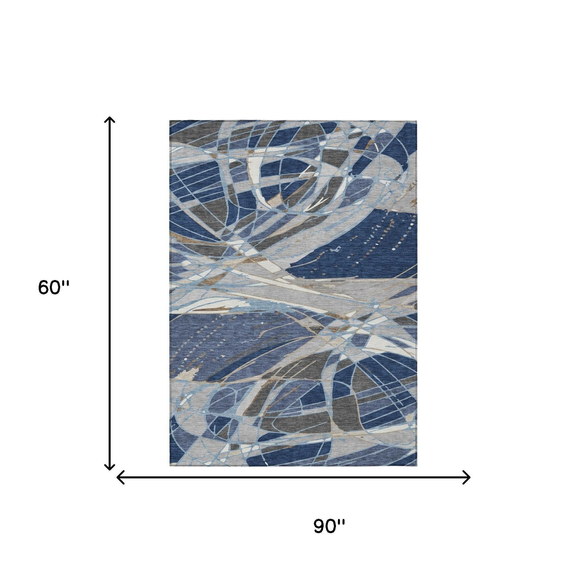 Navy and gray abstract area rug, 90"x60", modern design with swirls and geometric patterns, durable material.