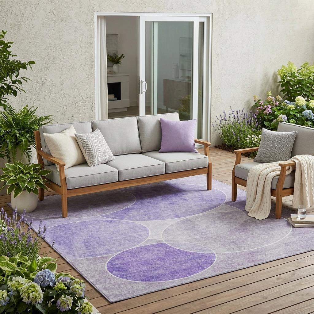 Light gray outdoor sectional sofa with wooden frame, paired with a lavender area rug, set in a lush garden space.