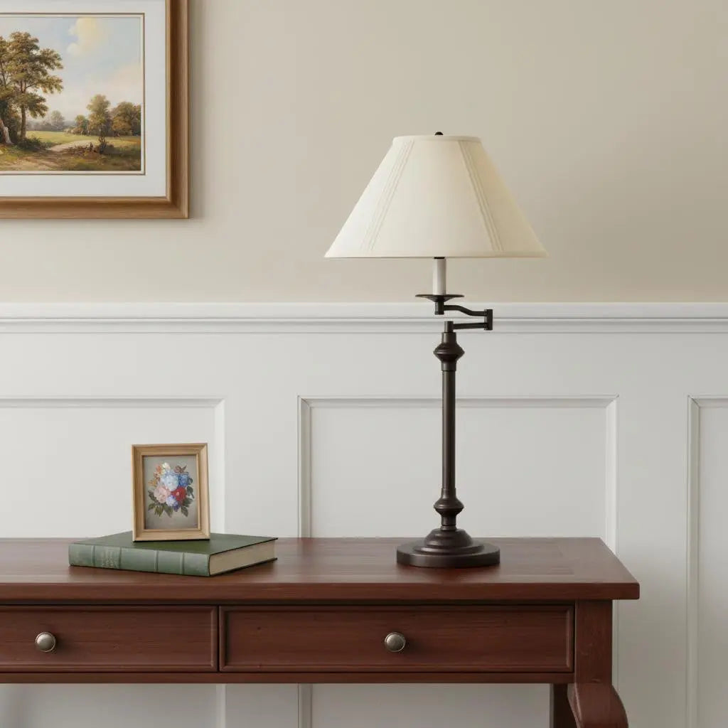 30" Antiqued Bronze Metal Swing Arm Table Lamp With Off White Empire Shade Homeroots Lighting