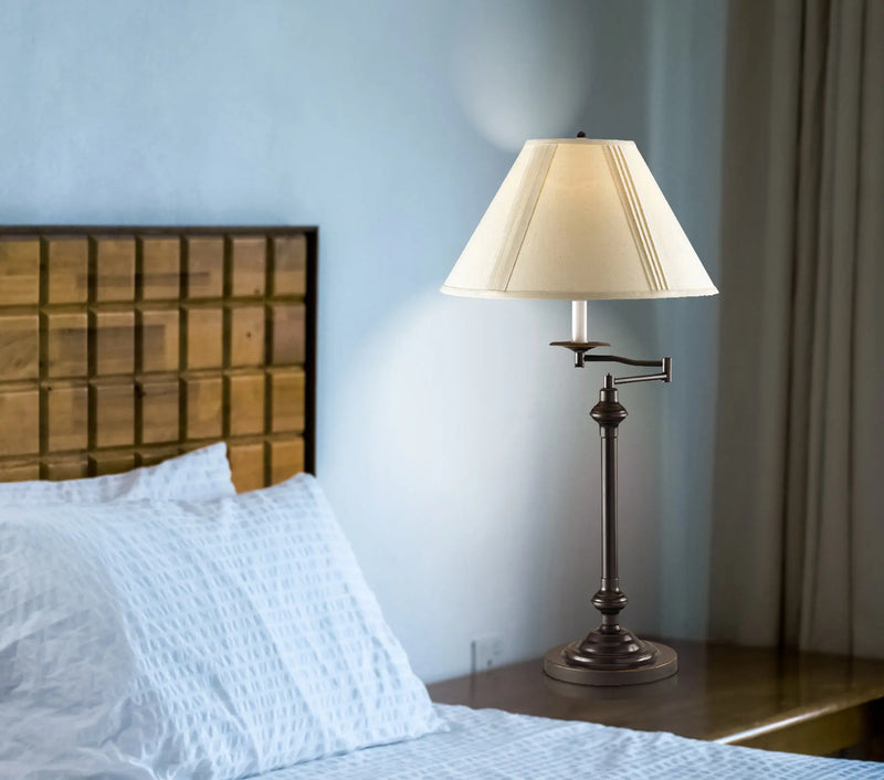 30" Antiqued Bronze Metal Swing Arm Table Lamp With Off White Empire Shade Homeroots Lighting