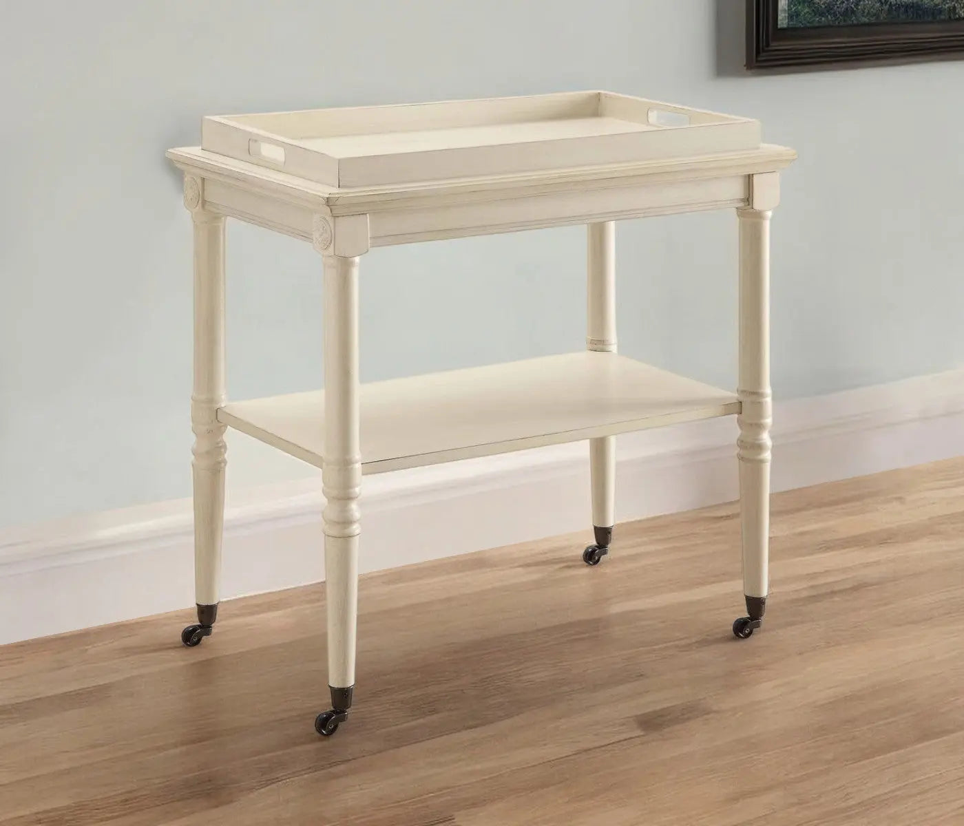 30" Antiqued White Wood Rolling Bar Cart - GreatEagleInc