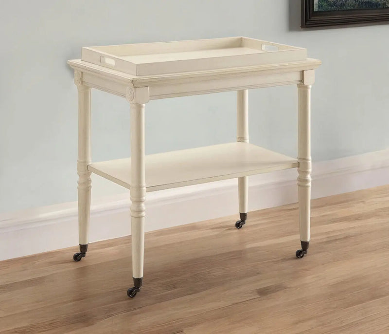 30" Antiqued White Wood Rolling Bar Cart - GreatEagleInc