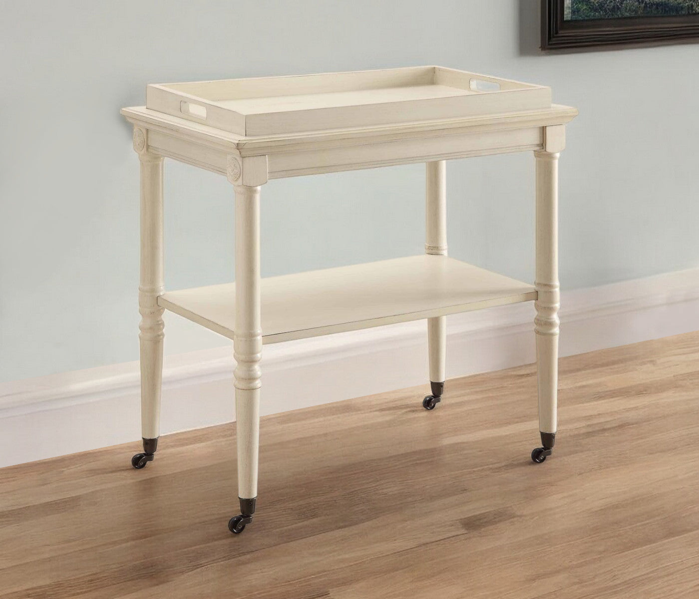 30" Antiqued White Wood Rolling Bar Cart - GreatEagleInc