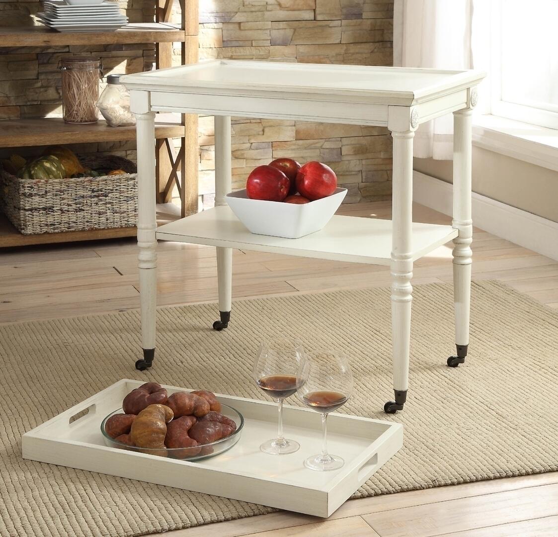 30" Antiqued White Wood Rolling Bar Cart - GreatEagleInc
