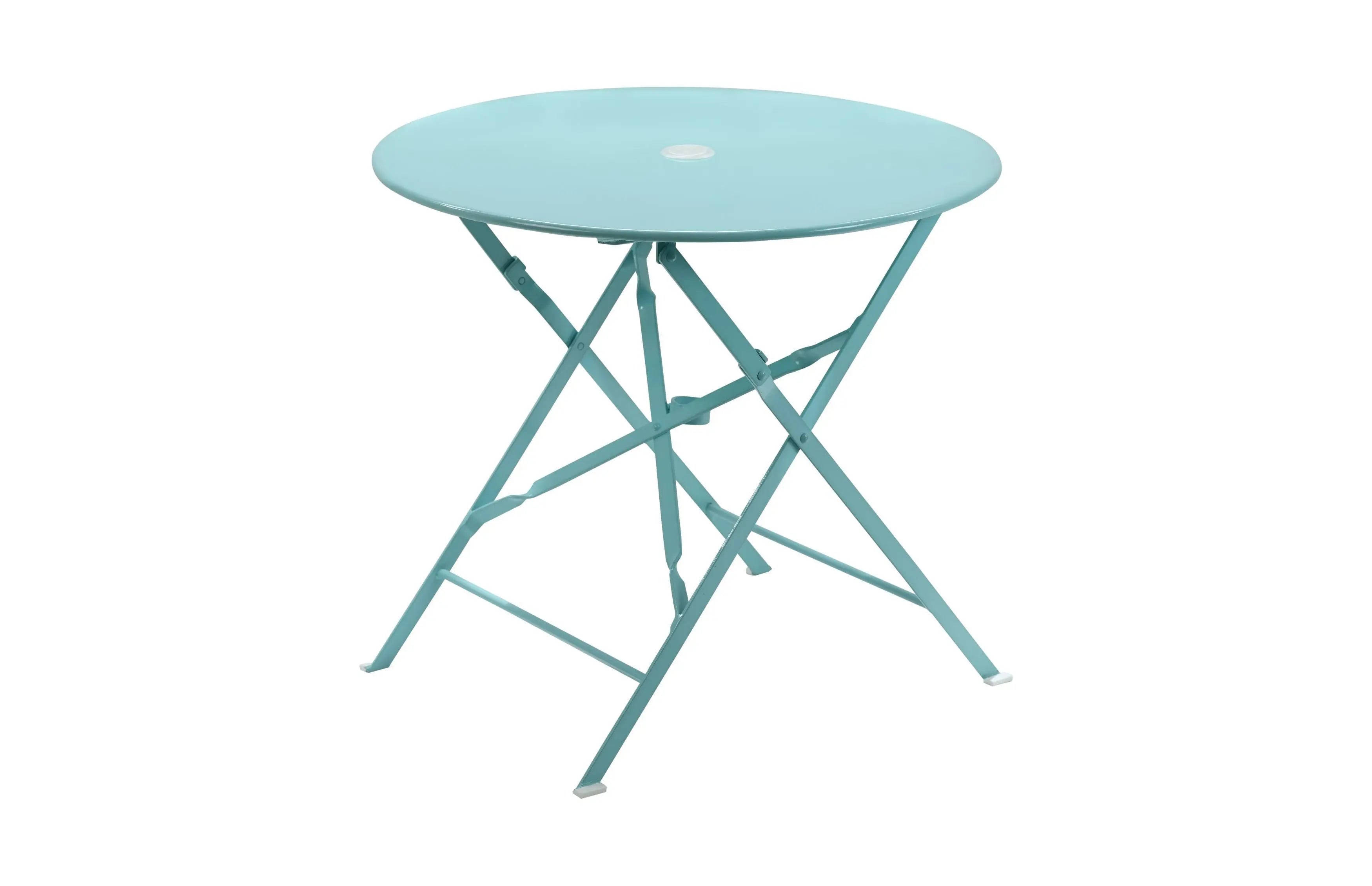 30" Aqua Rounded Aluminum Folding Outdoor Bistro Table with Umbrella Hole Homeroots Outdoor