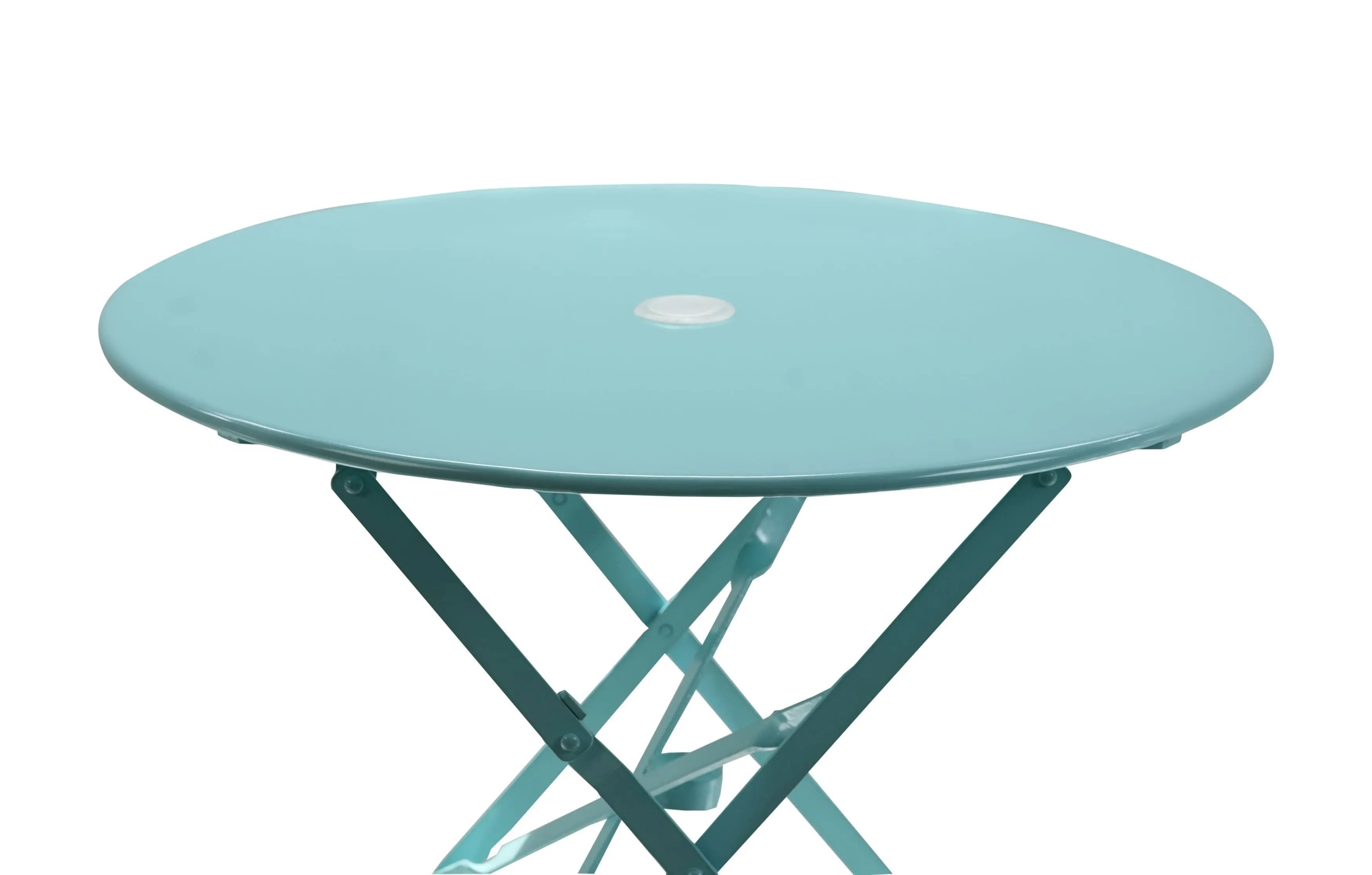 30" Aqua Rounded Aluminum Folding Outdoor Bistro Table with Umbrella Hole Homeroots Outdoor