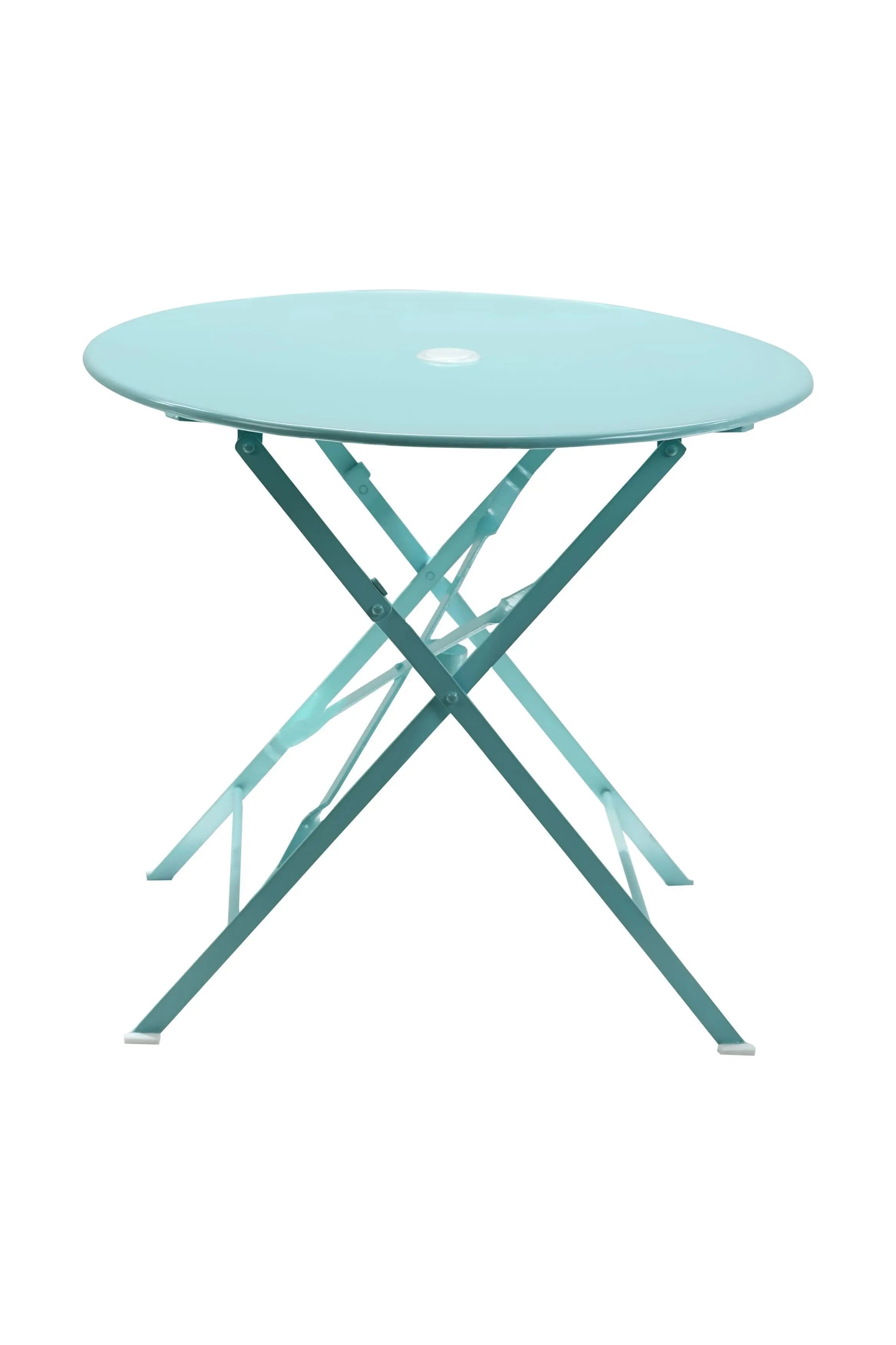 30" Aqua Rounded Aluminum Folding Outdoor Bistro Table with Umbrella Hole Homeroots Outdoor