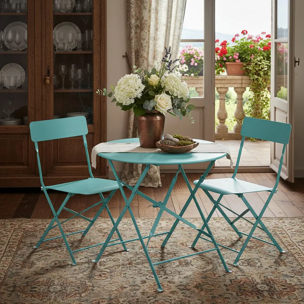 30" Aqua Rounded Aluminum Folding Outdoor Bistro Table with Umbrella Hole Homeroots Outdoor