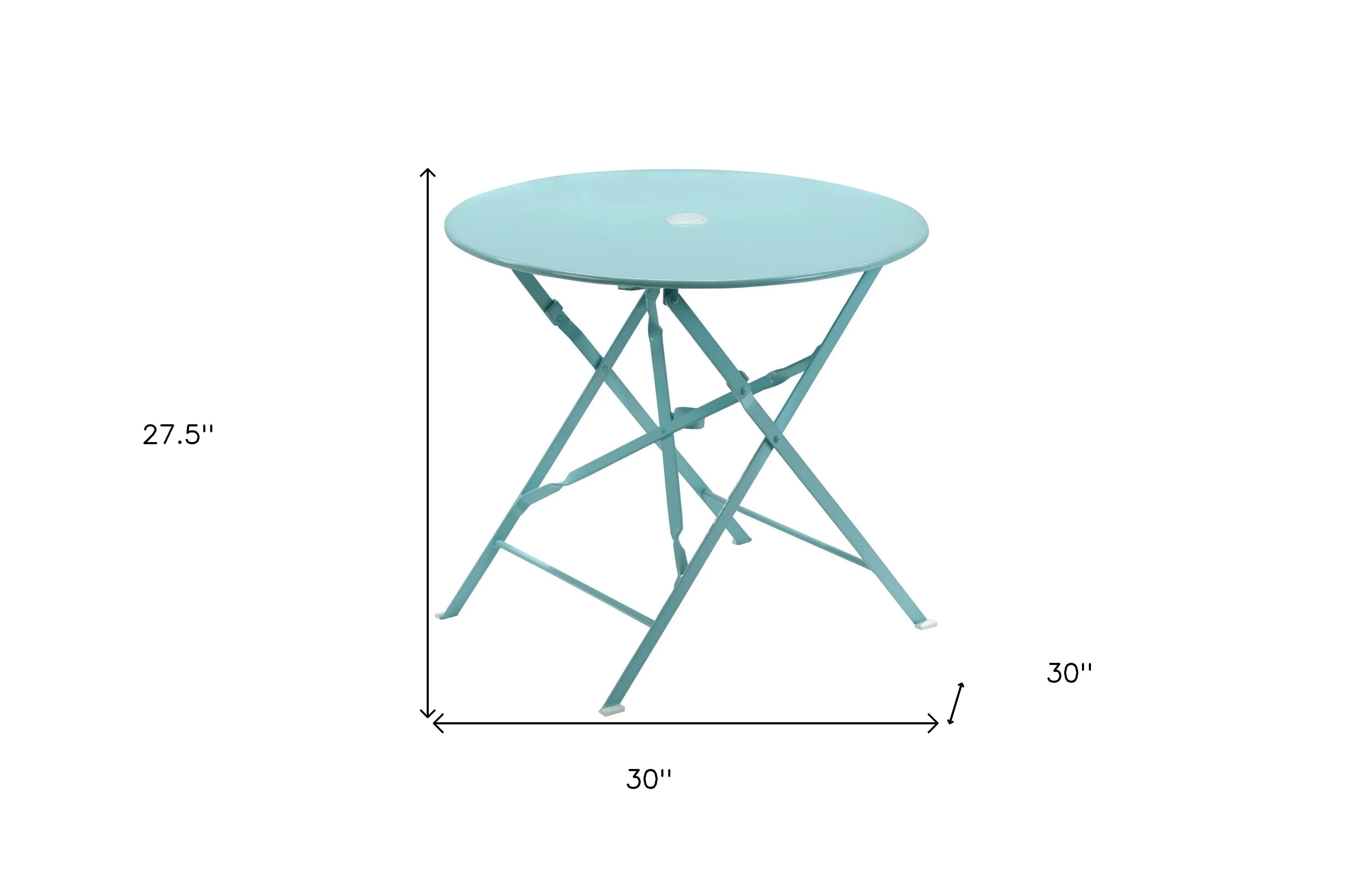 30" Aqua Rounded Aluminum Folding Outdoor Bistro Table with Umbrella Hole Homeroots Outdoor