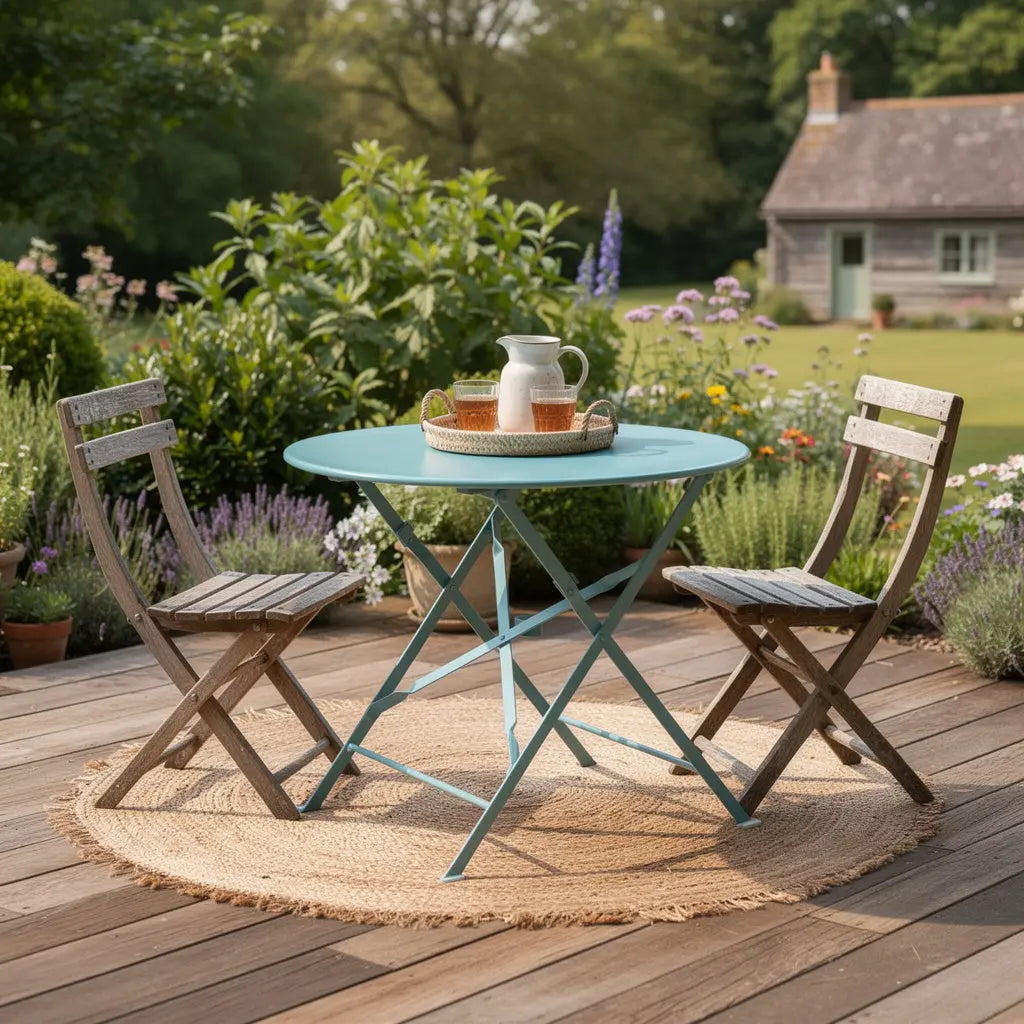 30" Aqua Rounded Aluminum Folding Outdoor Bistro Table with Umbrella Hole Homeroots Outdoor