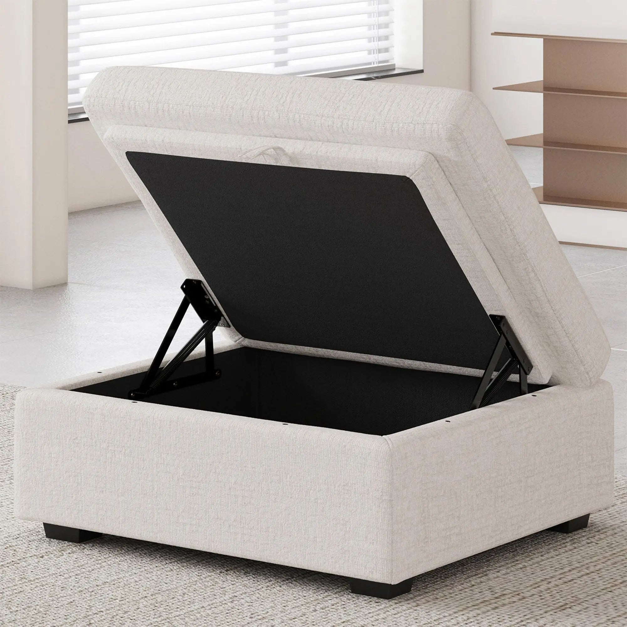 30" Beige and Black Chenille Storage Ottoman Homeroots Living Room